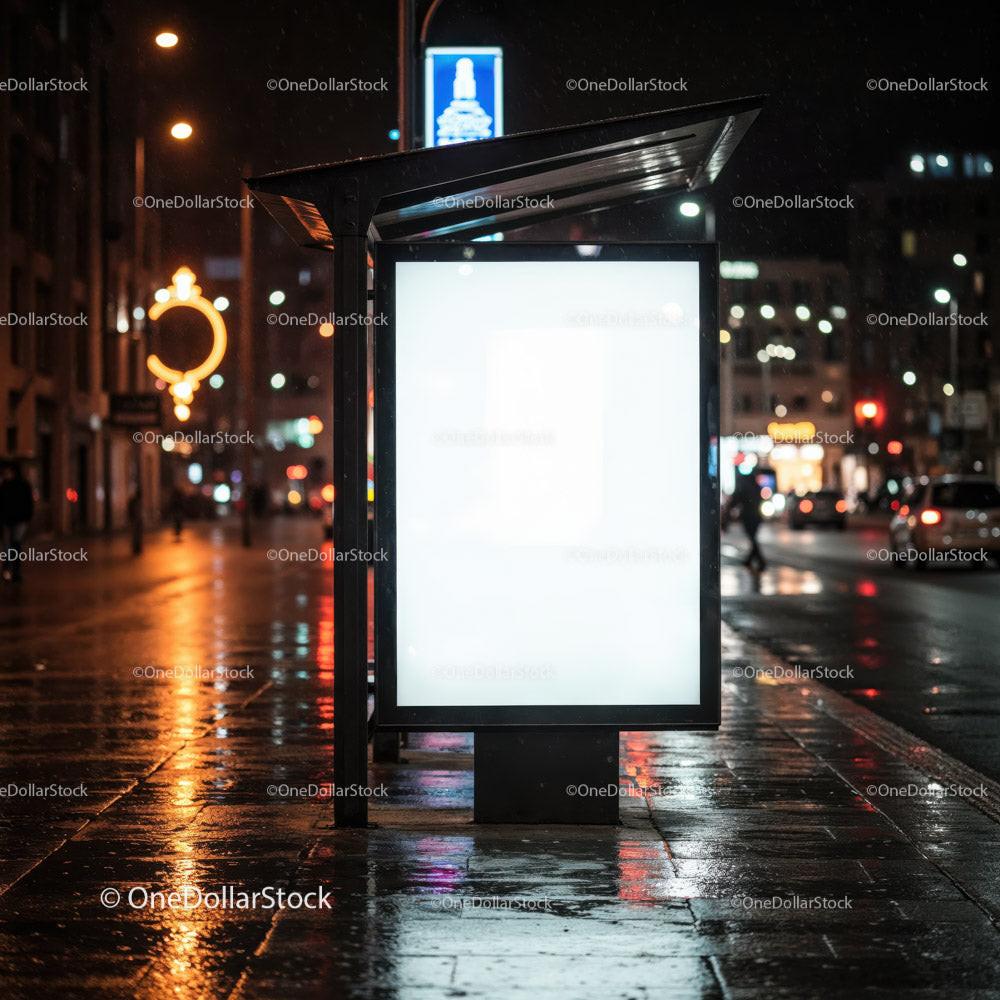 Night City Street with Illuminated Bus Stop and Neon Signs JPG Mockup Image digital download preview