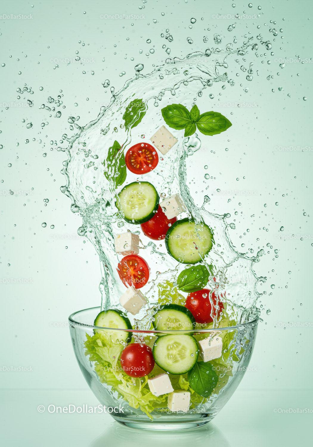 Fresh vegetable salad splash in glass bowl