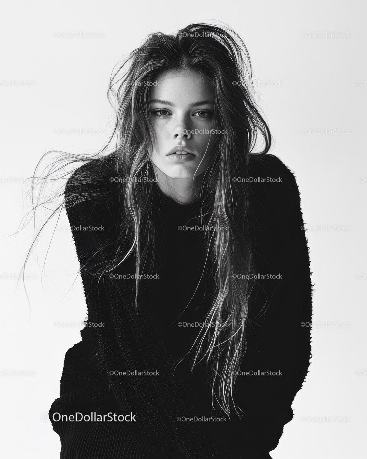 Black and White Portrait of a Fashionable Woman with Long Hair