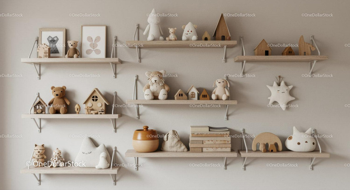 Children's Nursery Wall Shelf Decor with Wooden Toys and Plush Animals