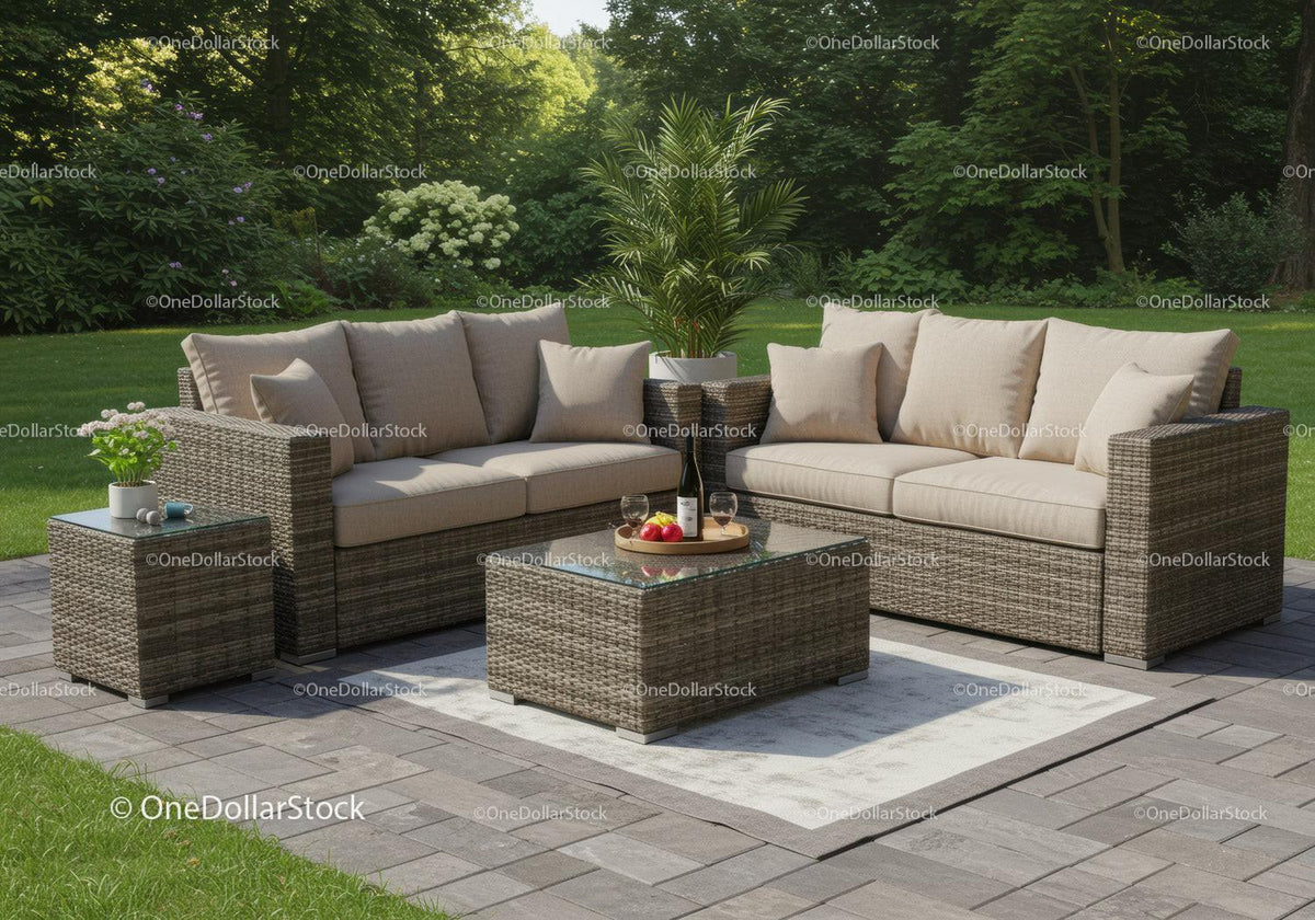 Elegant Wicker Outdoor Sofa Set with Cushions and Coffee Table in Garden
