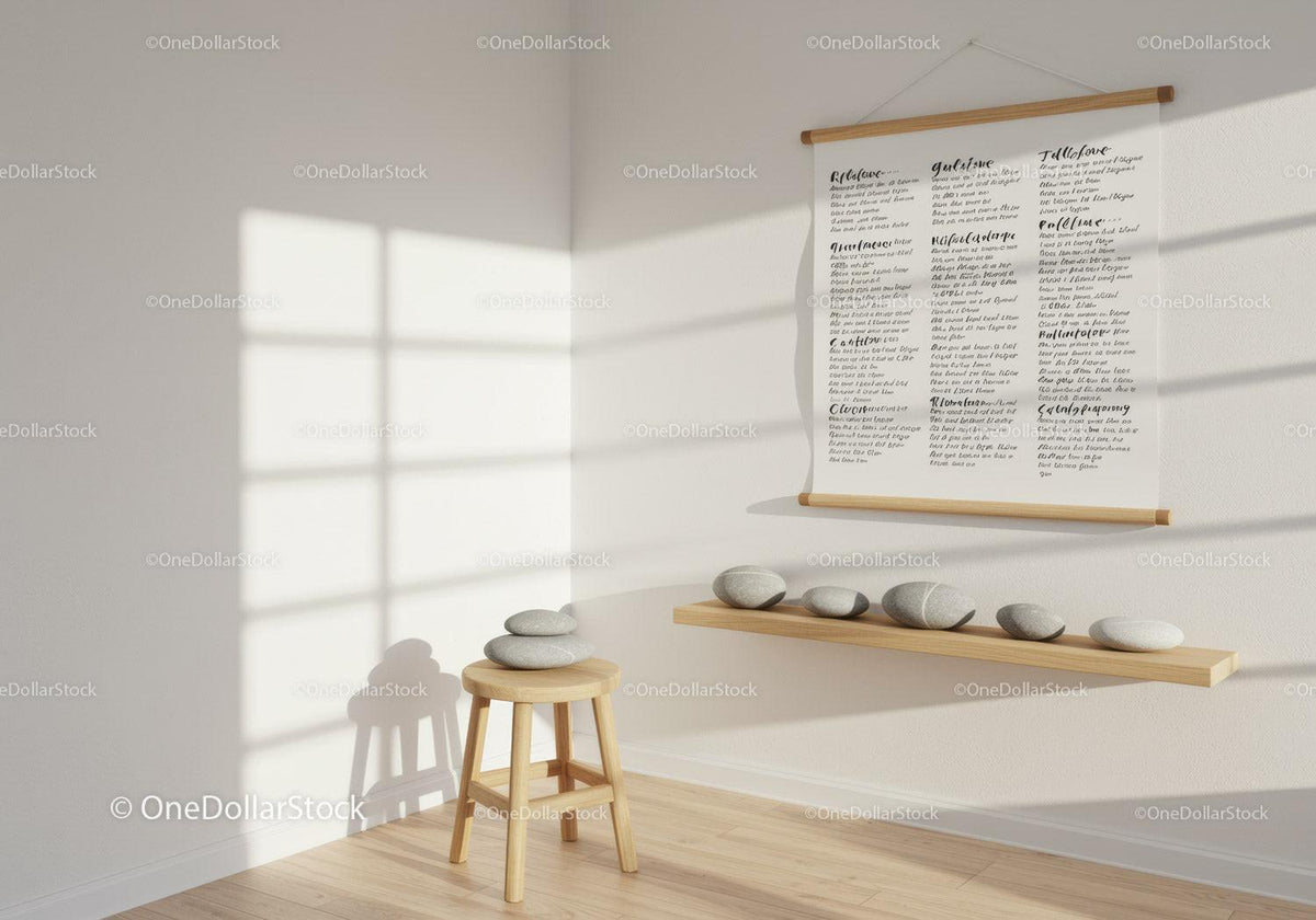 Minimalist zen corner with balanced stones and wall art