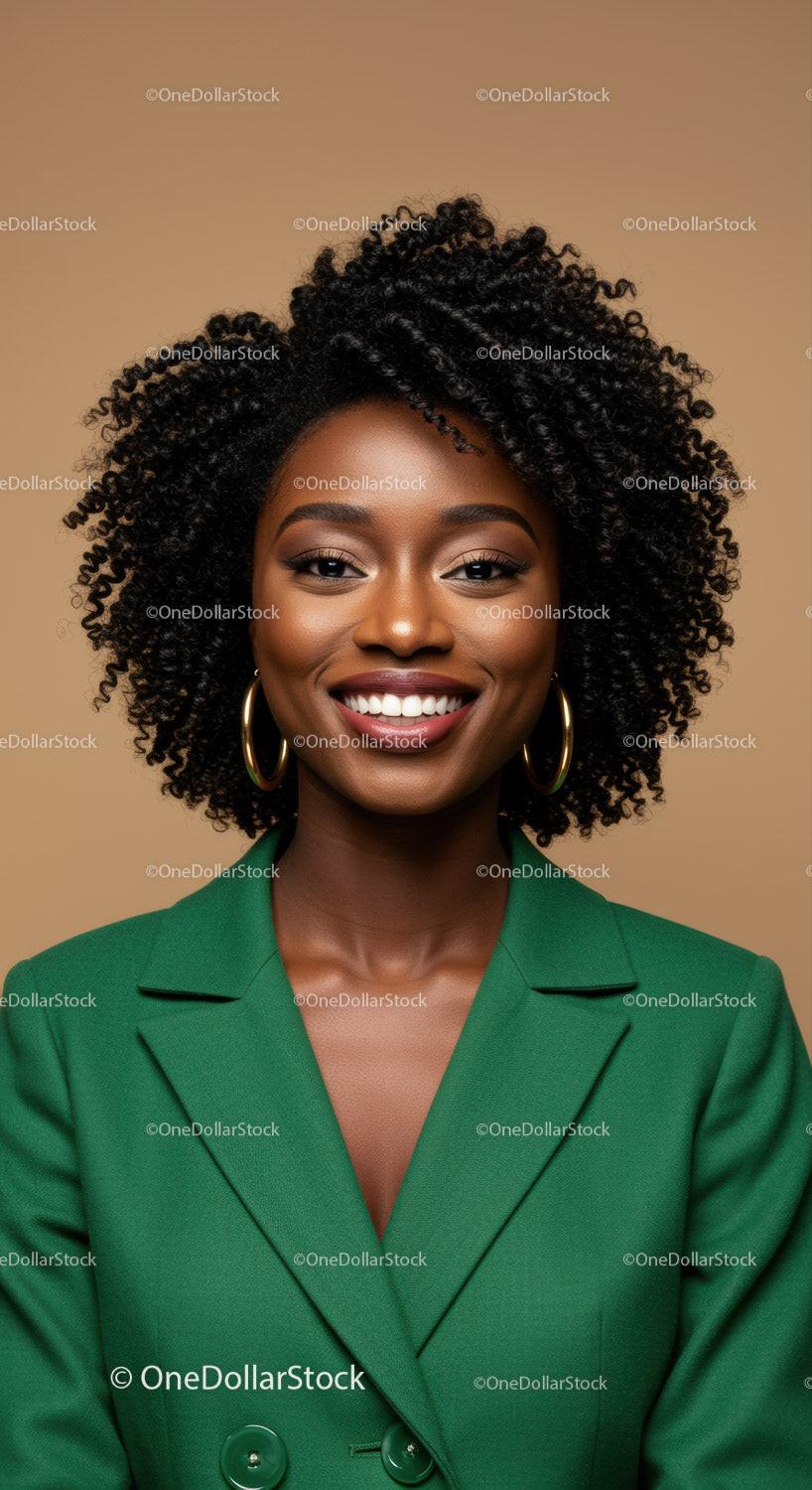 Vibrant Elegant Businesswoman in Green Blazer with Curly Hair