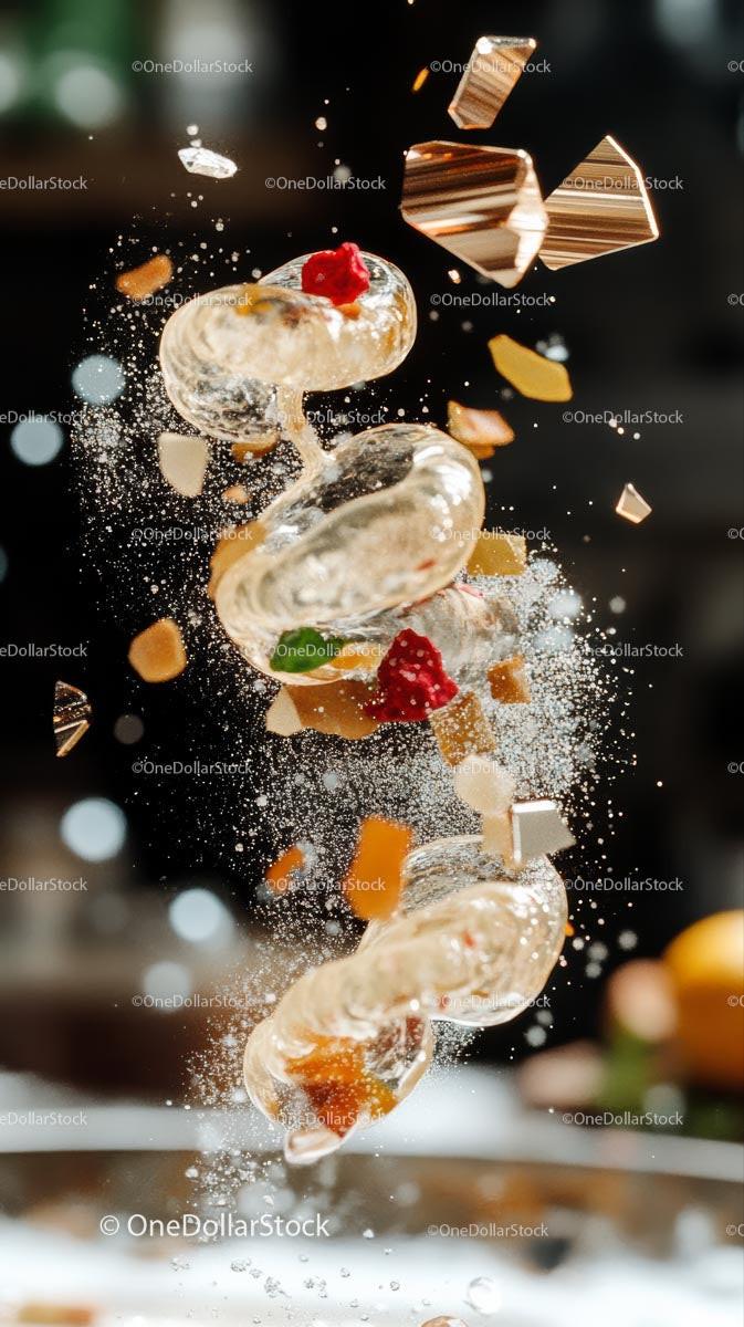 Sliced Cake Exploding in Mid-Air with Whipped Cream and Decorations