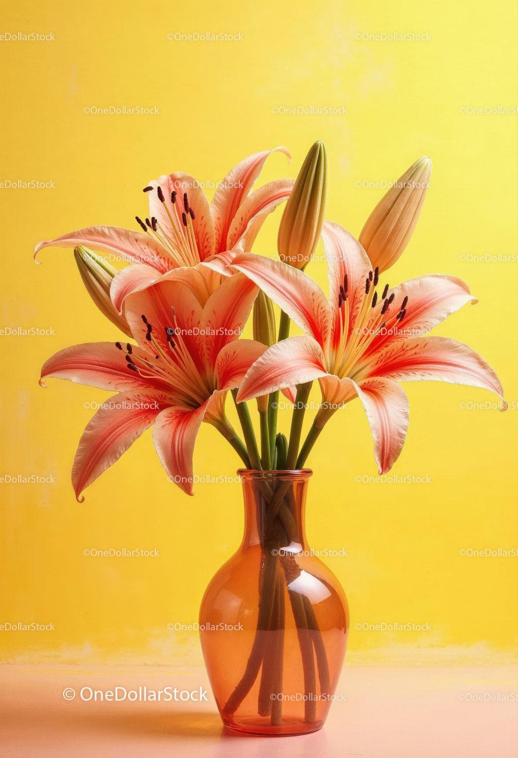 Pink Lilies in Orange Vase with Bright Yellow Background