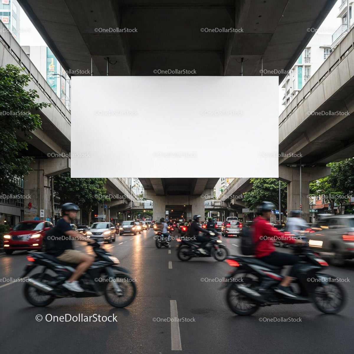 Busy Urban Street with Motorcycles and Traffic Under Overpass JPG Mockup Image preview