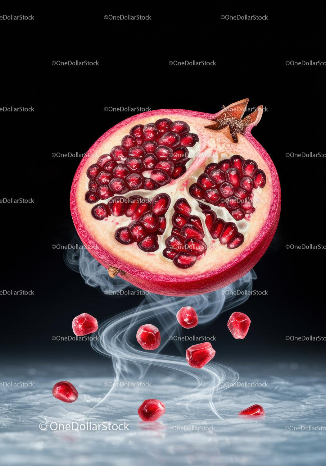 Fresh pomegranate half with floating seeds and smoke