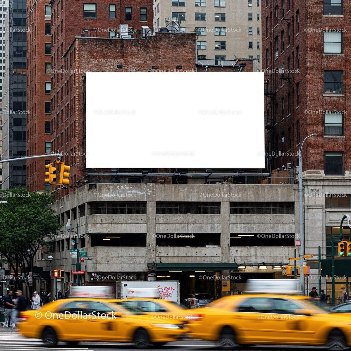 Busy city street with yellow taxis and blank billboard JPG Mockup Image preview