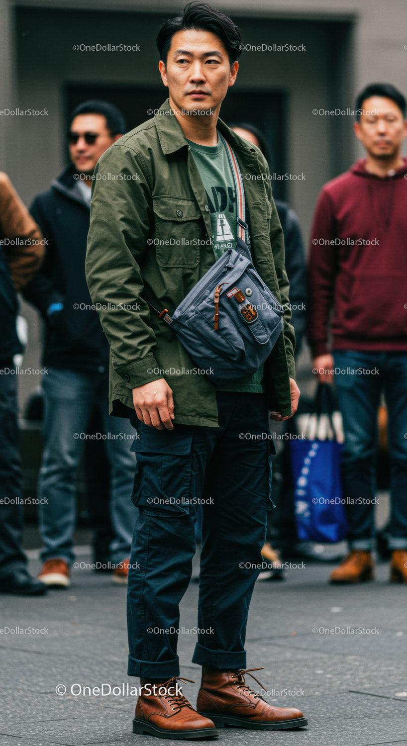 Stylish Man with Crossbody Bag and Brown Boots in Urban Streets