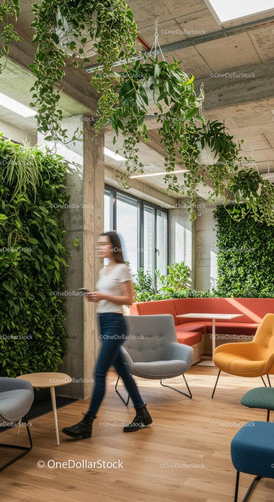 Stylish Office Space with Lush Greenery and Vibrant Lockers Stock Photo Bundle preview 5