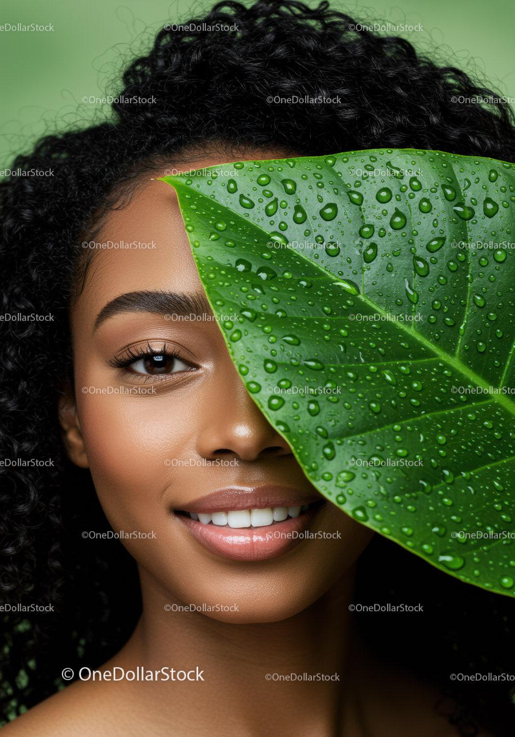 Beautiful Woman with Tropical Leaves in Bright Natural Light for Advertising