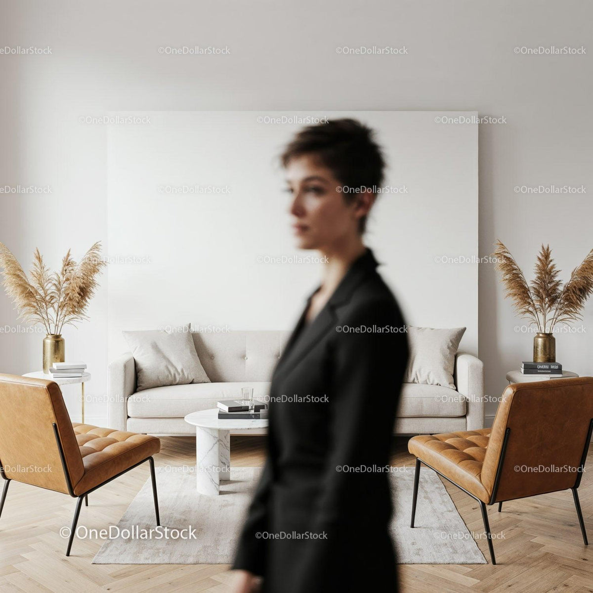 Woman in black blazer in modern living room interior JPG Mockup Image preview