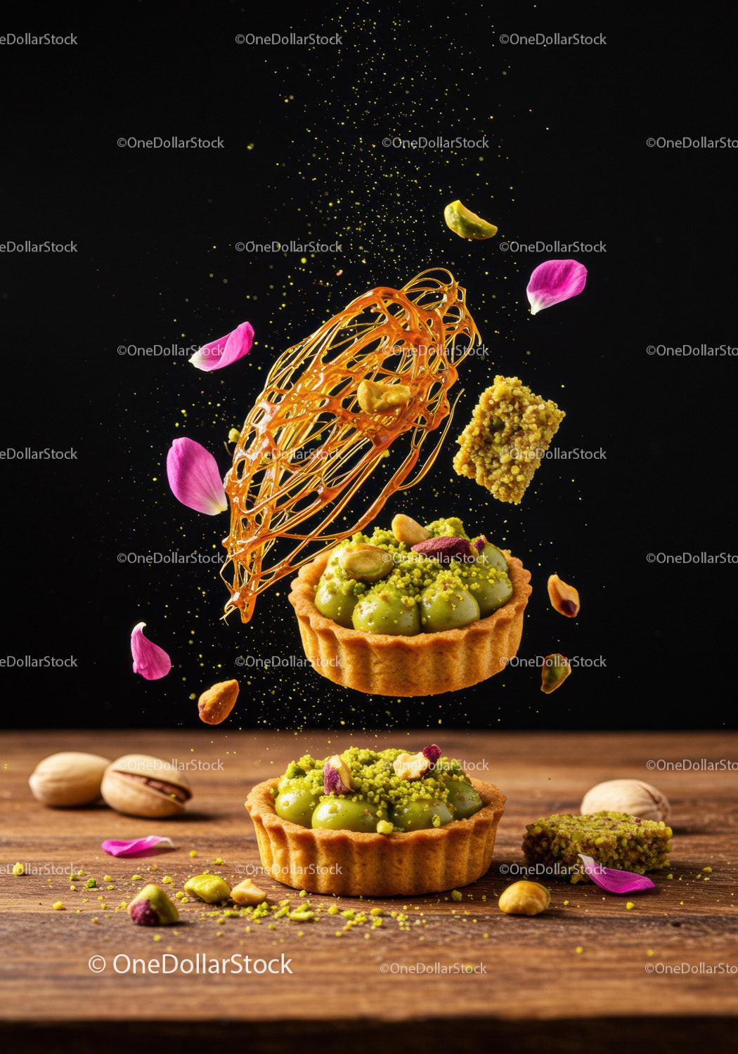 Artistic pistachio tarts with delicate caramel decoration