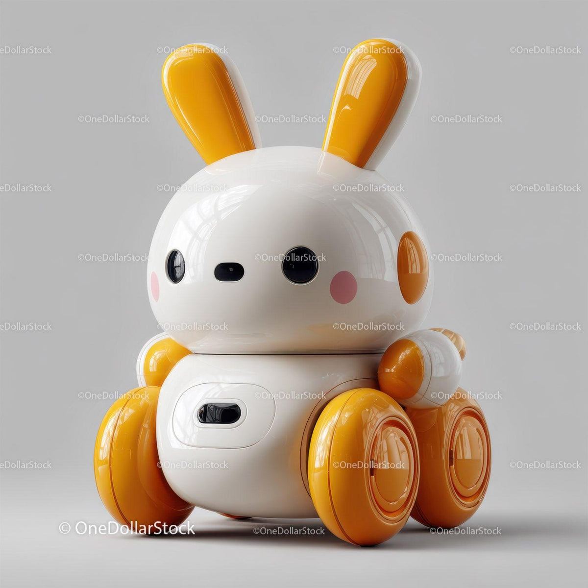 Glossy white and orange robot toy with wheels shaped like an animal character