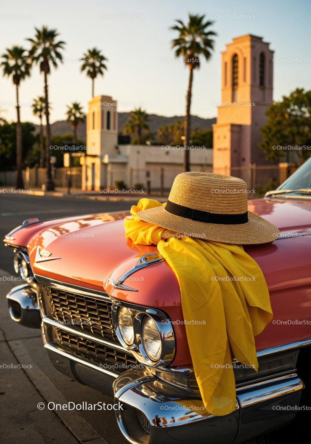 Vintage Red Classic Car with Yellow Scarf and Straw Hat on Scenic Street