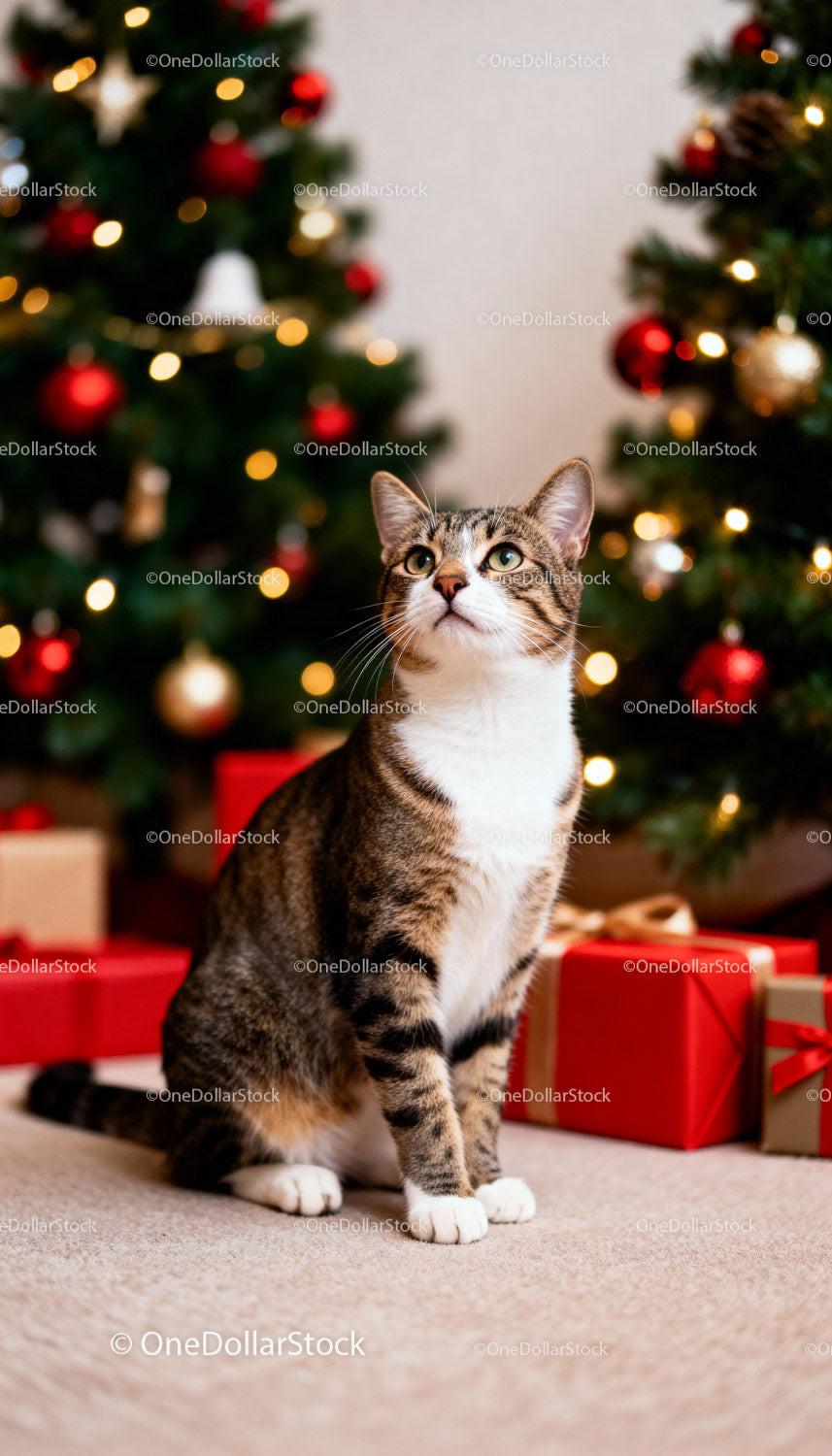 Curious tabby cat near decorated Christmas trees and presents