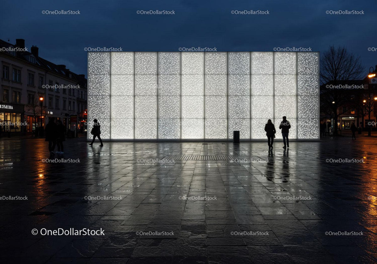 Modern Illuminated Urban Wall in Night City Square JPG Mockup Image preview