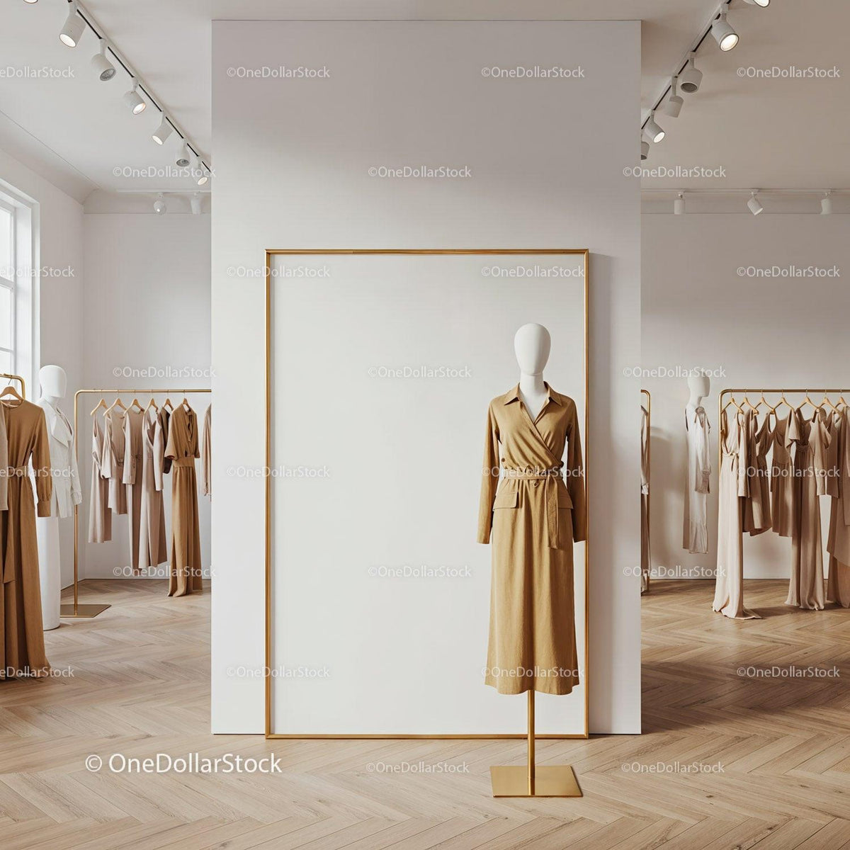 Minimalist Fashion Boutique with Beige Dresses Displayed JPG Mockup Image preview