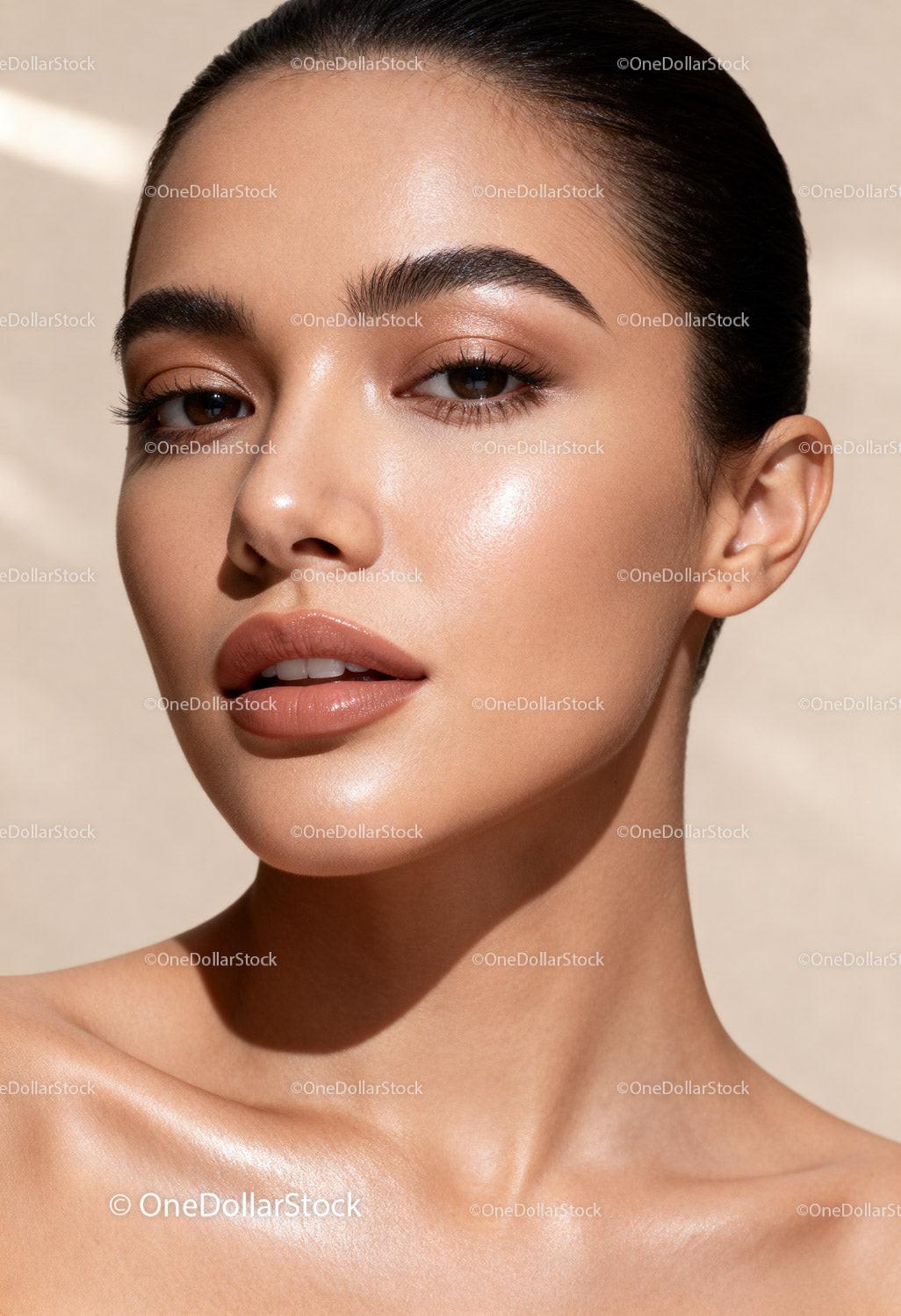 Close up of radiant woman with glowing natural makeup