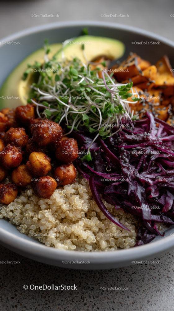 Colorful Vegan Bowls with Chickpeas Sweet Potatoes Red Cabbage and Quinoa Stock Photo Bundle preview 12