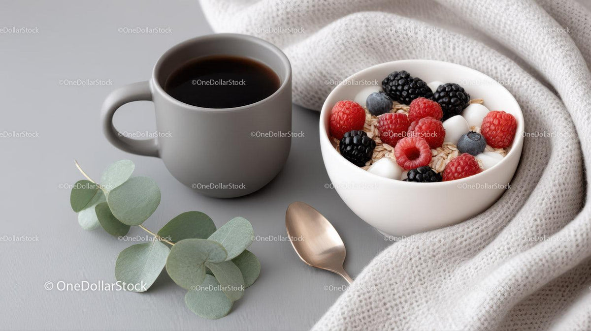 Fresh Fruit and Yogurt in White Bowl with Coffee on Cozy Table