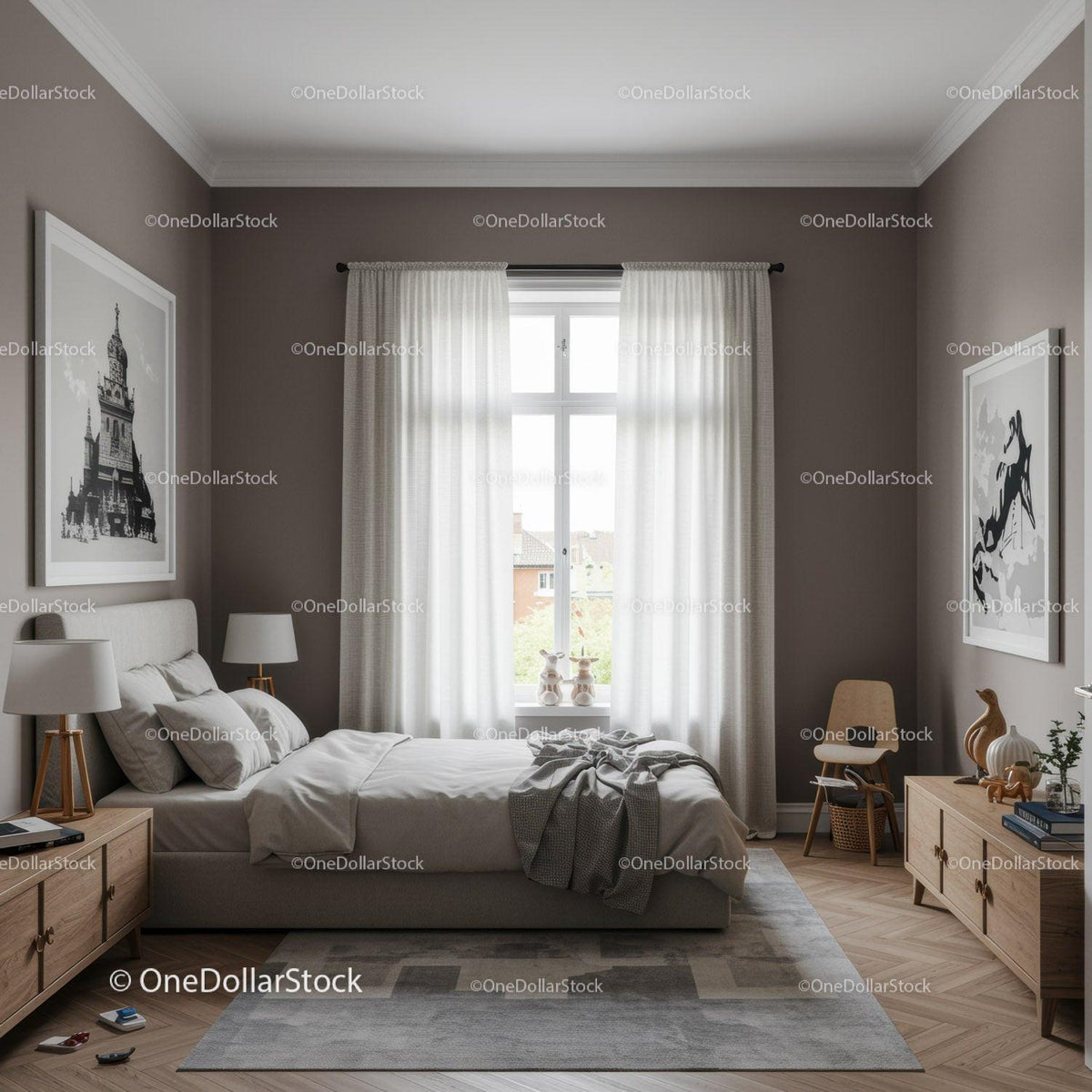 Stylish Modern Bedroom with Large Window and Cozy Decor
