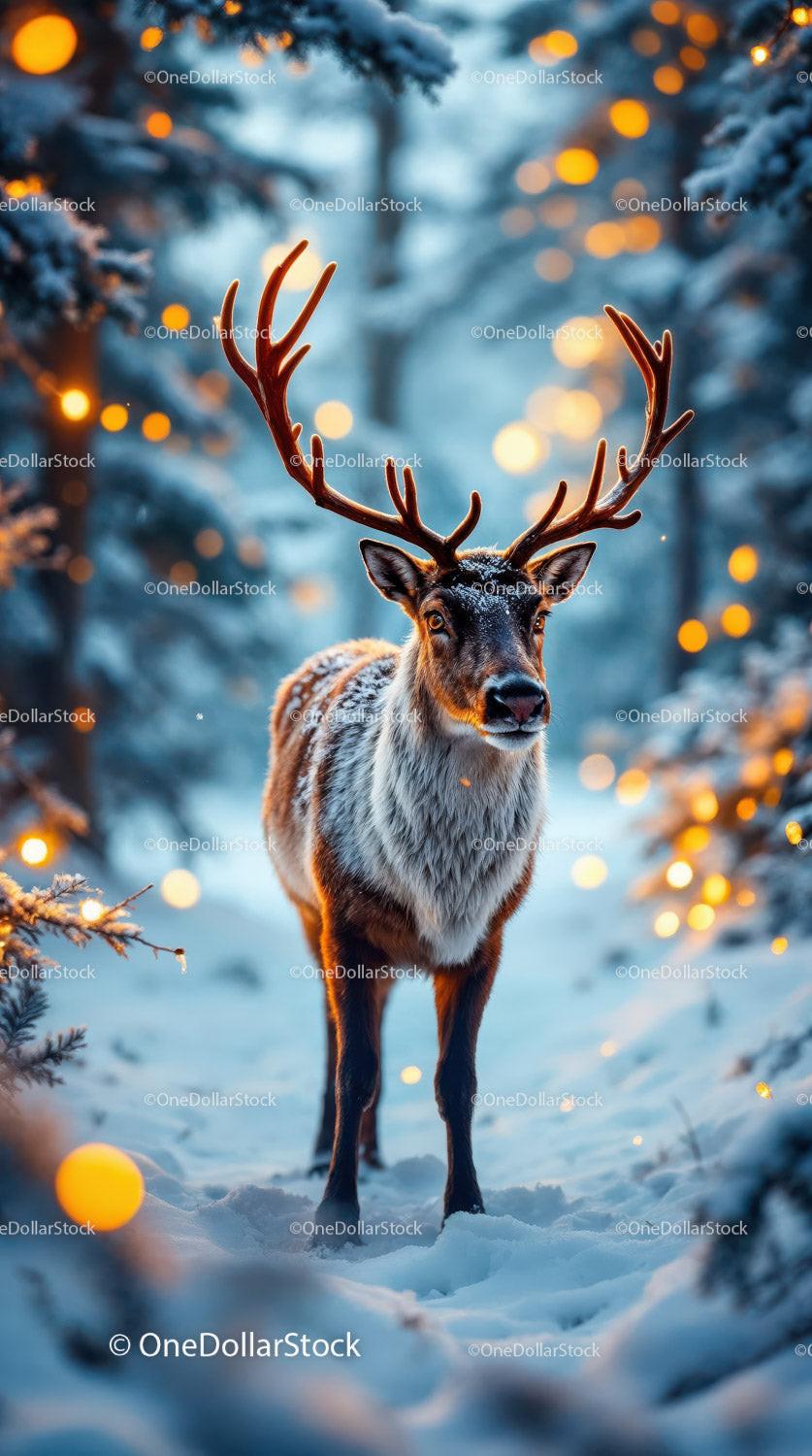 Majestic Reindeer Standing in Snowy Winter Forest