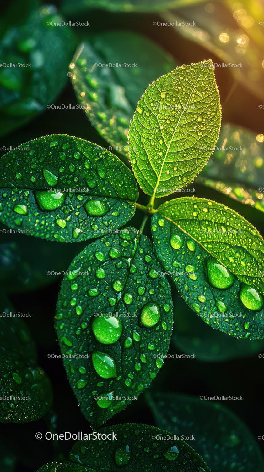 Close-Up of Dew-Kissed Green Leaves with Sunlight in a Natural Setting