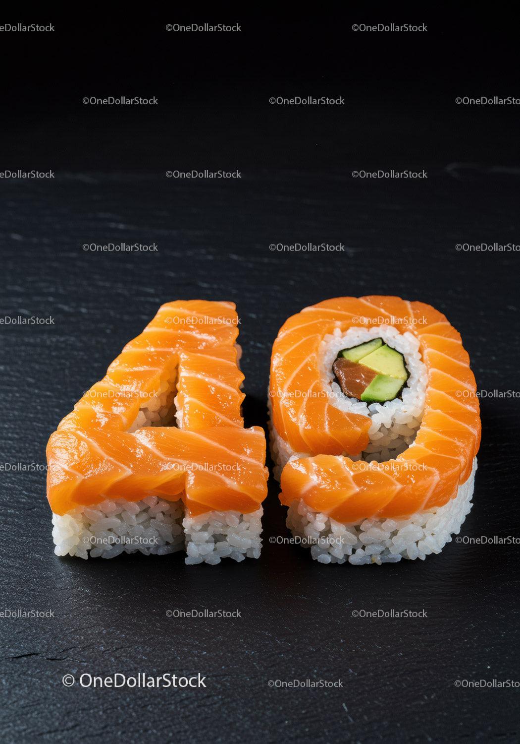 Creative sushi shaped as number forty on black surface