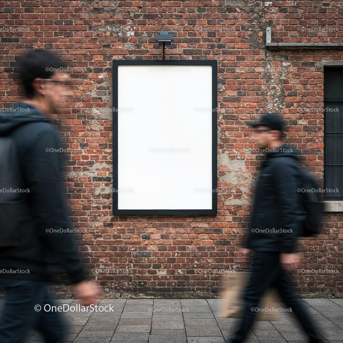 Blank Urban Billboard on Brick Wall with Passing Pedestrians JPG Mockup Image preview