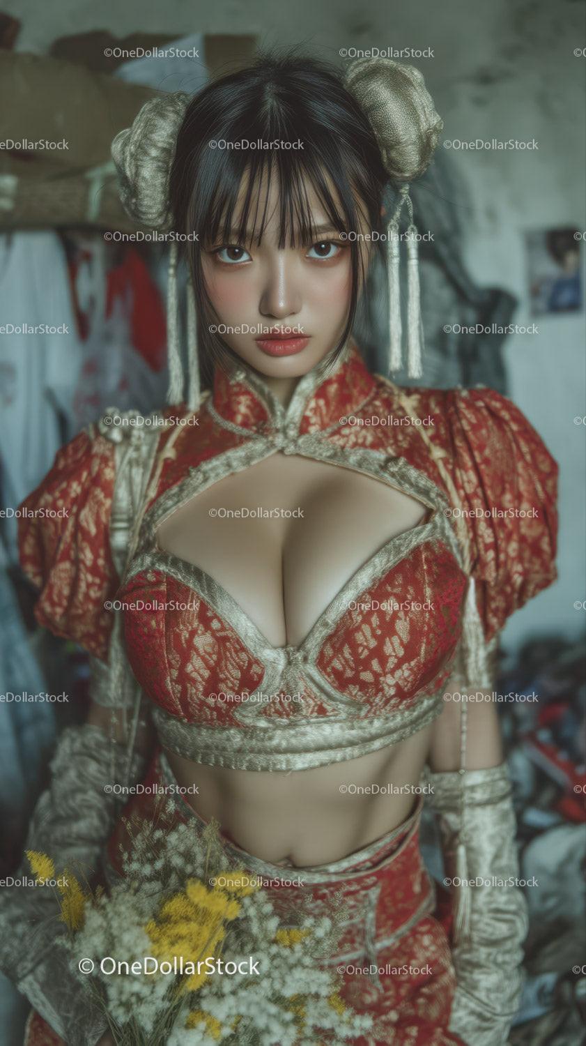 Young Woman in Red Traditional Chinese Dress with Floral Bouquet
