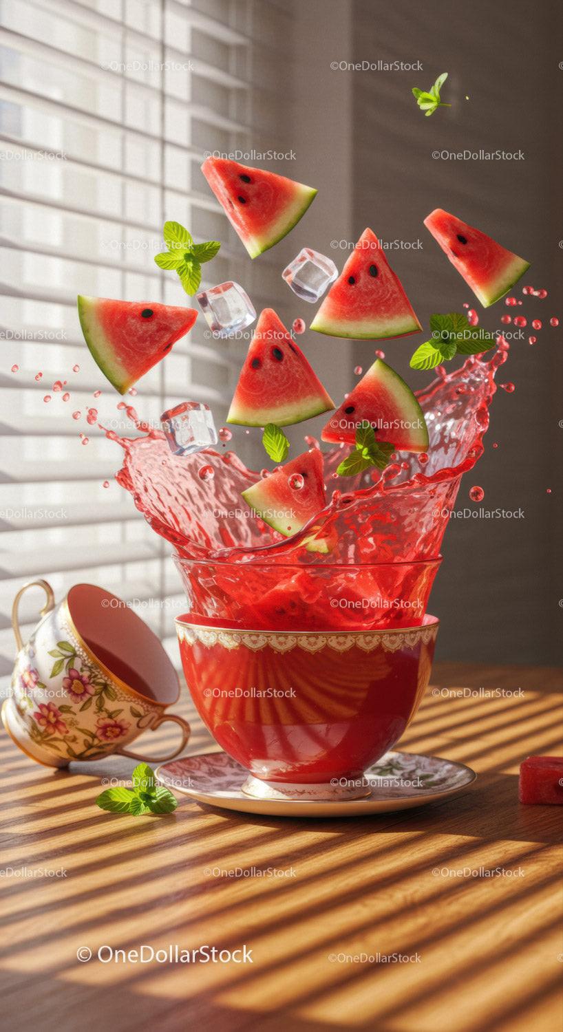 Refreshing Watermelon Slices Splashing from Elegant Teacup