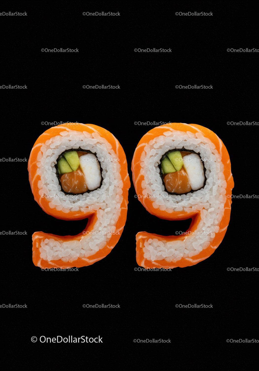 Creative sushi rolls shaped as number ninety nine
