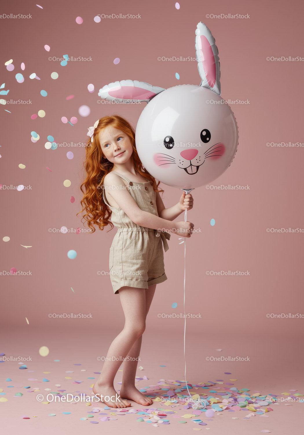 Red-haired girl holding bunny face balloon with confetti