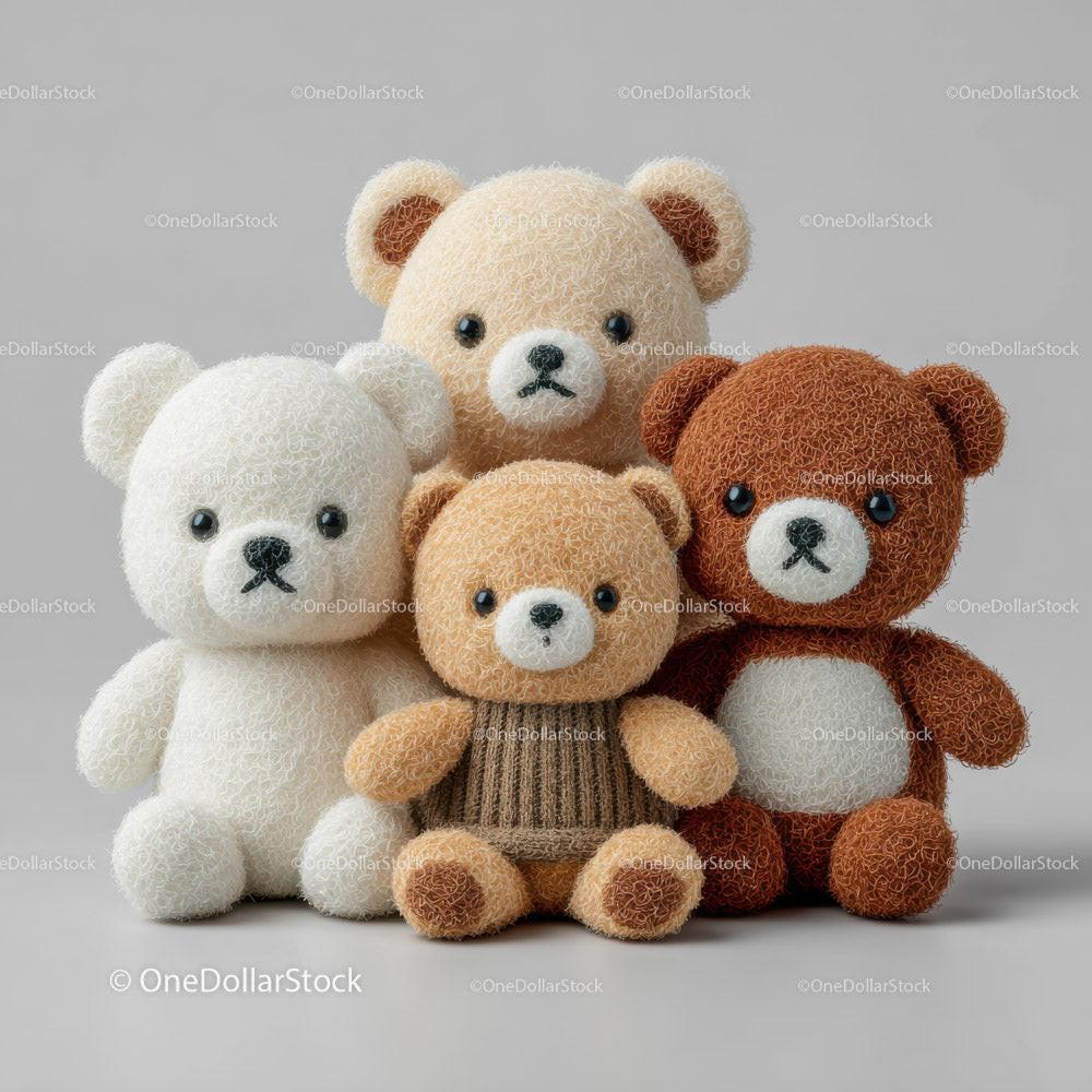 Four plush teddy bears with curly fur in white, beige, brown, and tan with black eyes