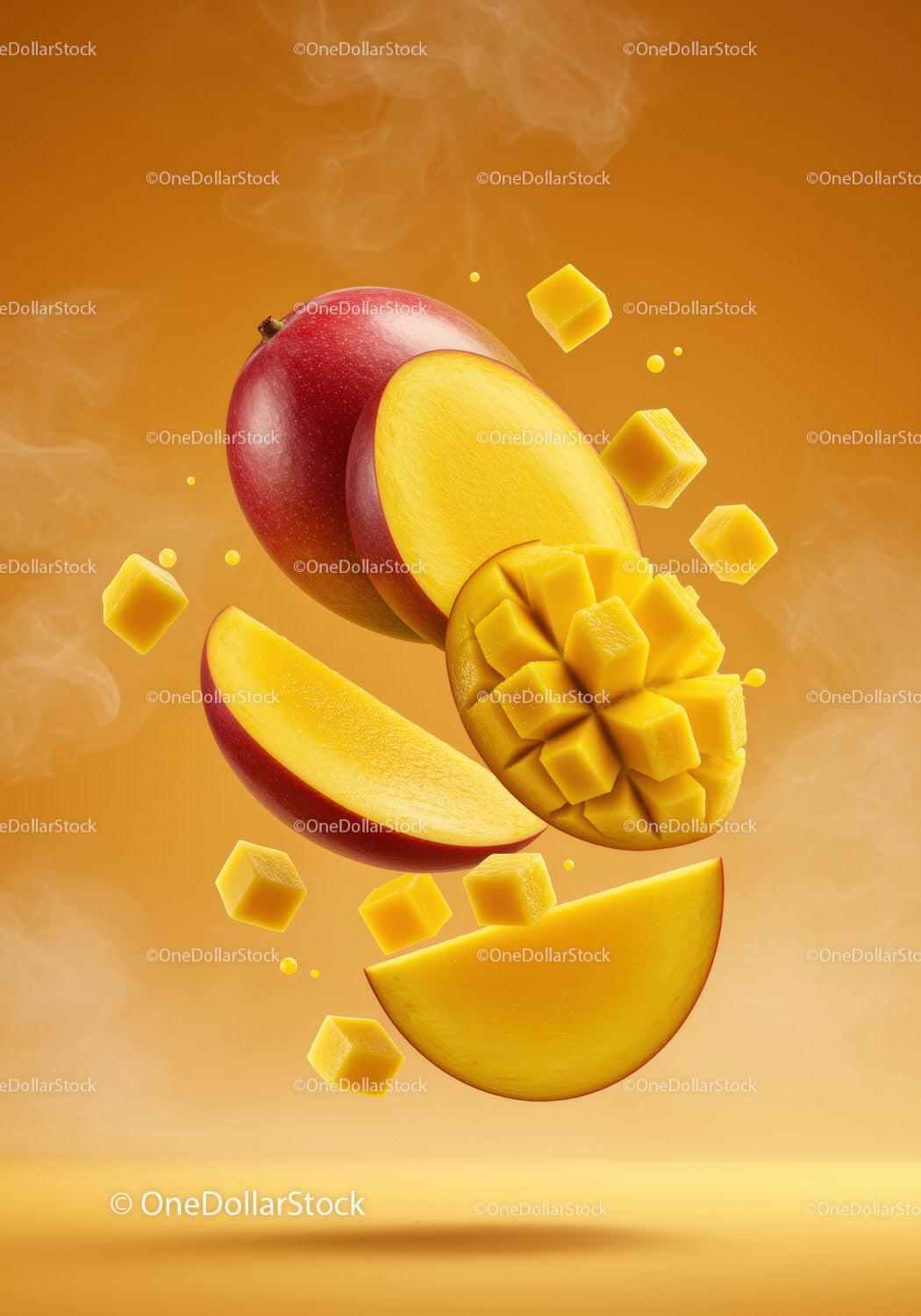 Fresh sliced mango with cubes on warm background