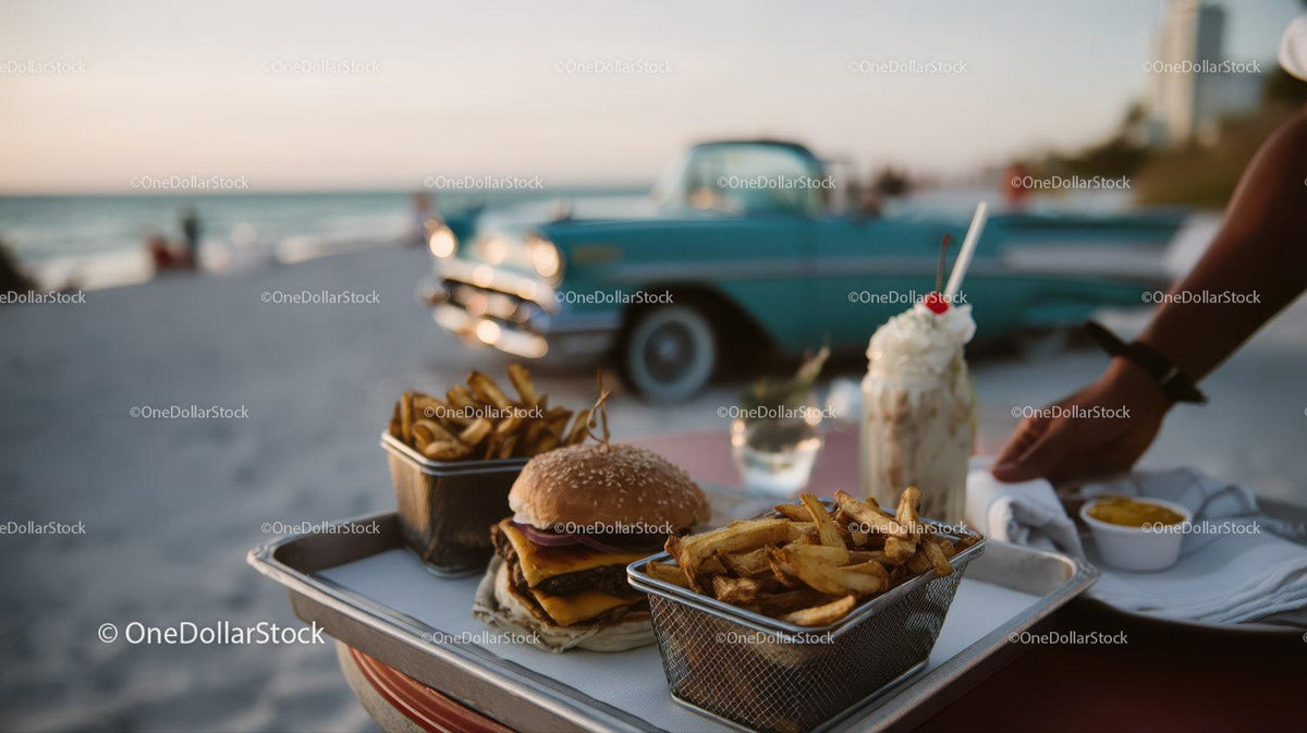 Beachside Cheeseburger French Fries and Milkshake with Classic Car Stock Photo Bundle preview 15