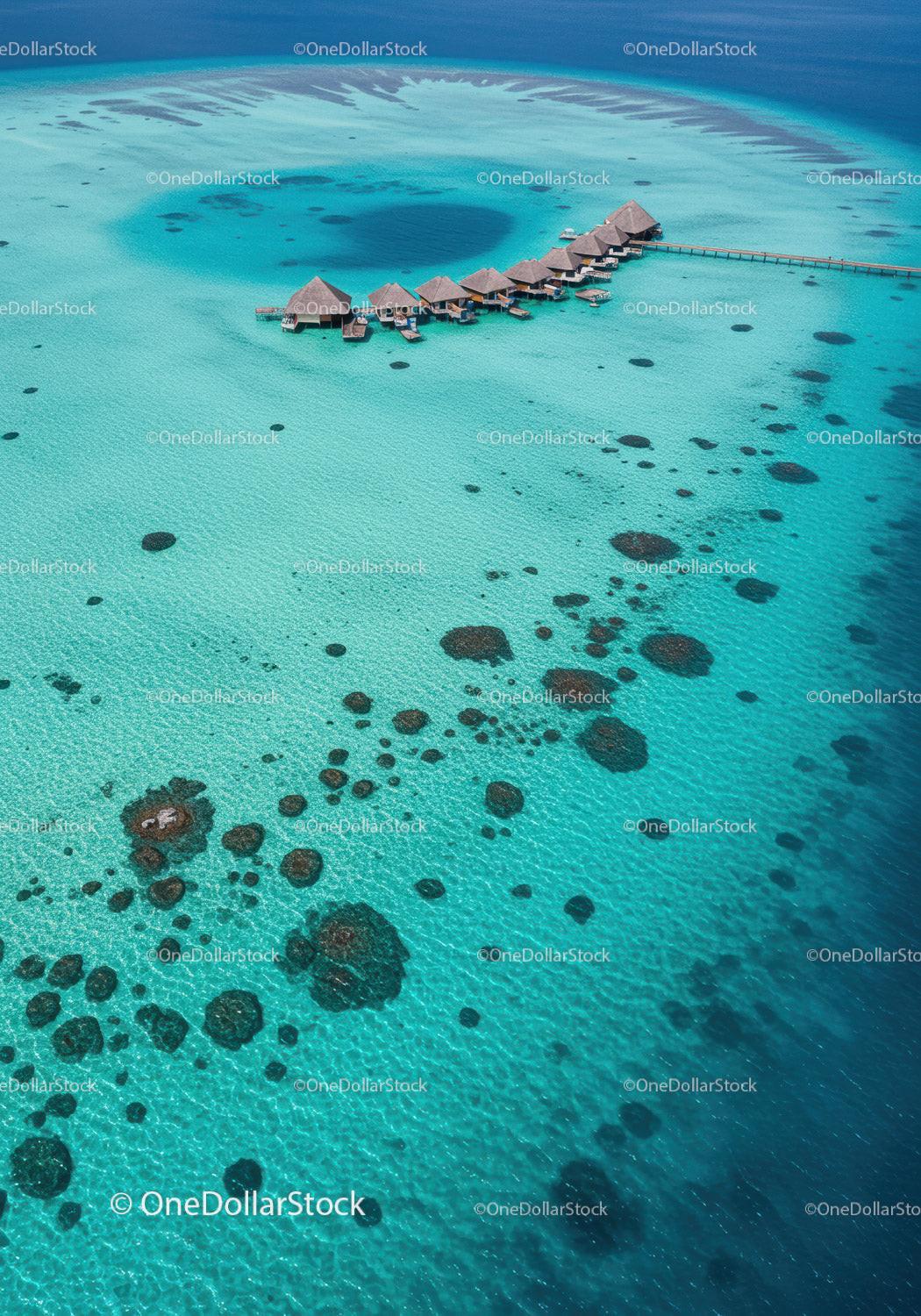 Overwater Bungalows with Turquoise Waters and Coral Reefs