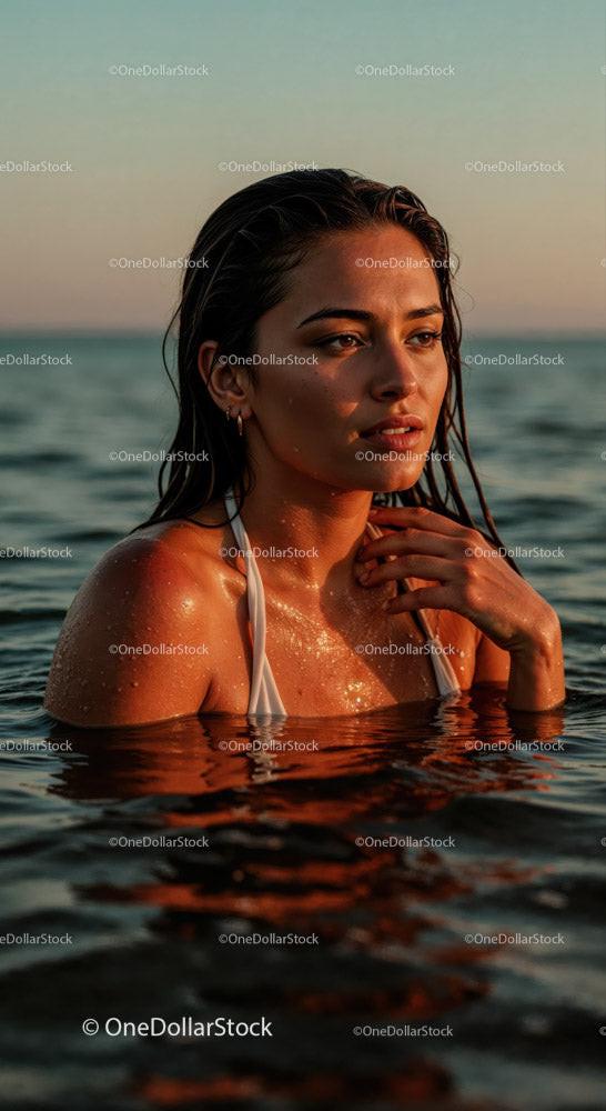 Elegant Woman in Water During Sunset with Golden Light