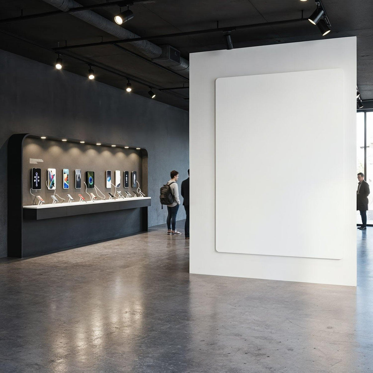 Modern showroom with smartphones and spacious minimalist design JPG Mockup Image preview