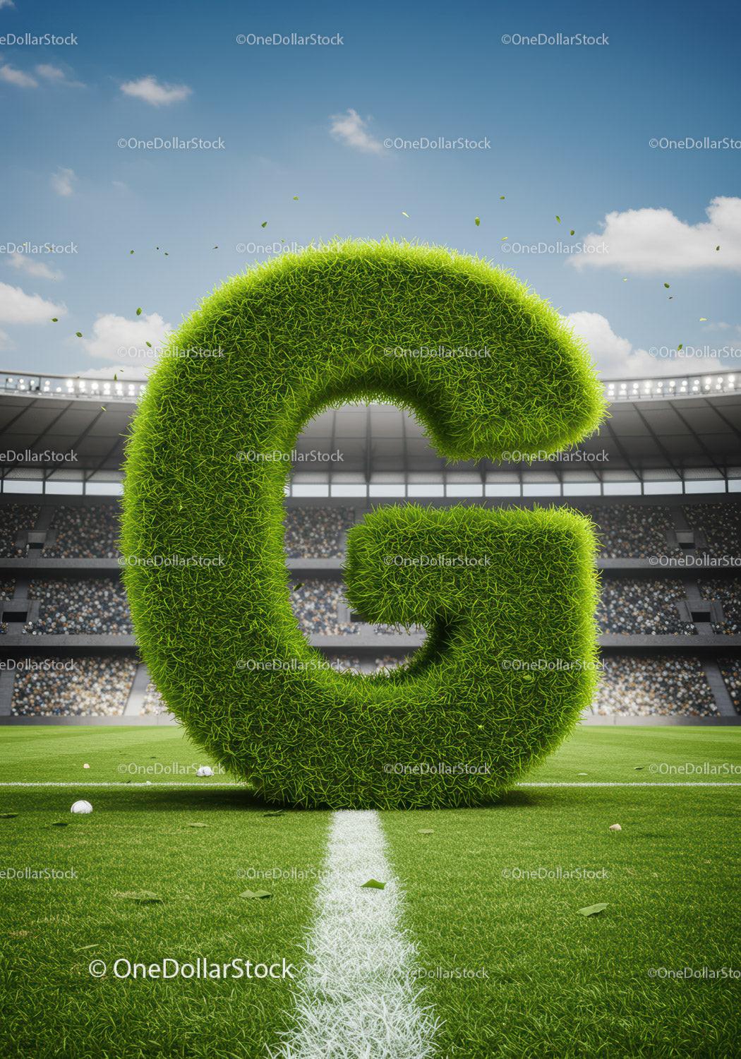G shaped grass sculpture on soccer stadium field