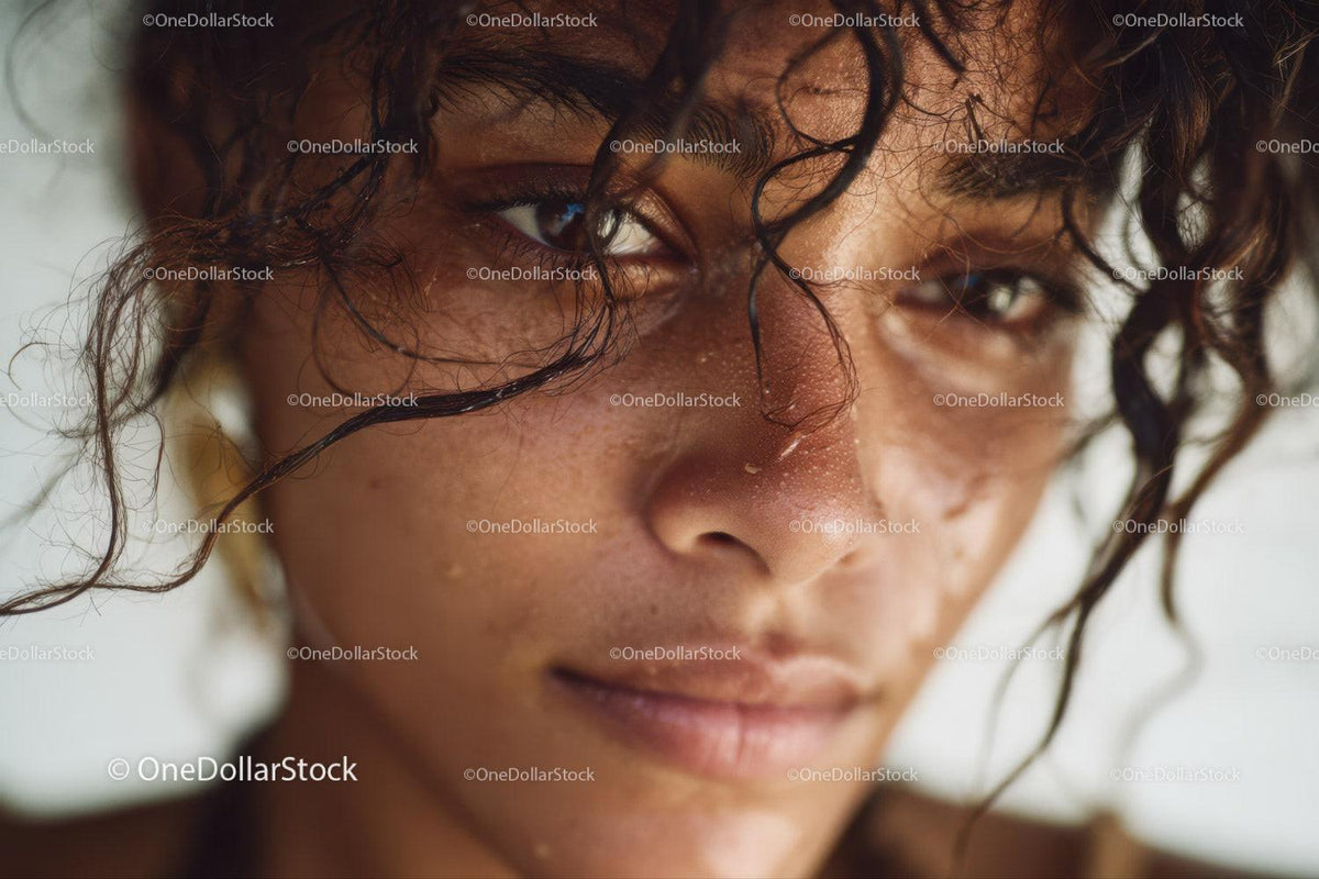 Close-up of a Woman with Water Droplets and Intense Gaze