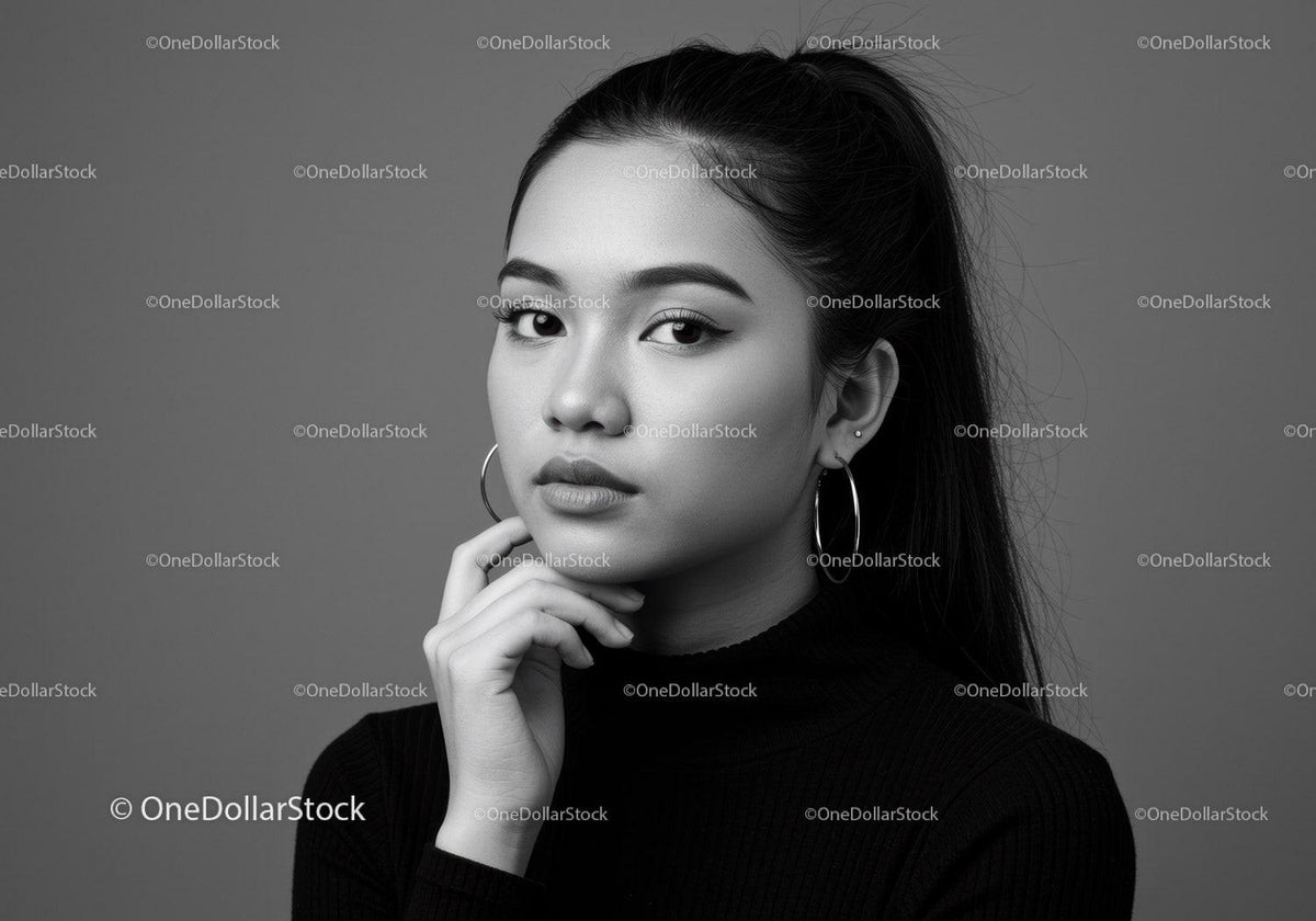 Black and White Portrait of a Woman in Stylish Turtleneck