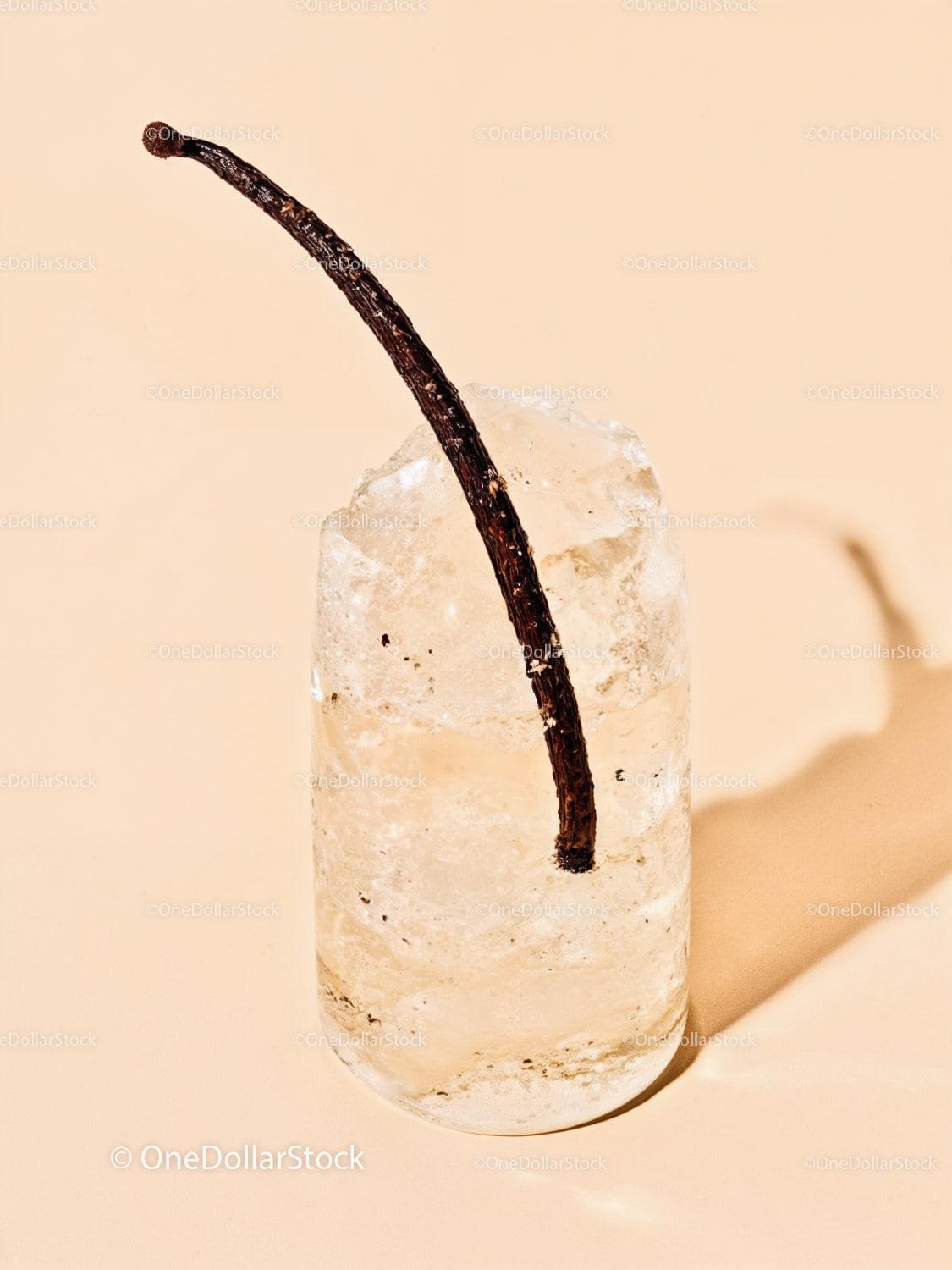 Vanilla Bean Embedded in Transparent Ice Cube
