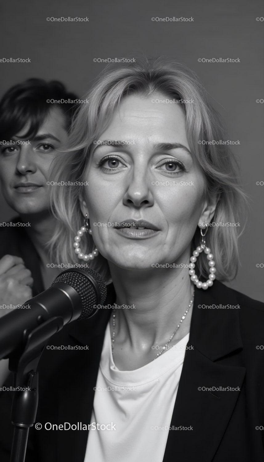 Confident Female Speaker at Press Conference in Formal Attire
