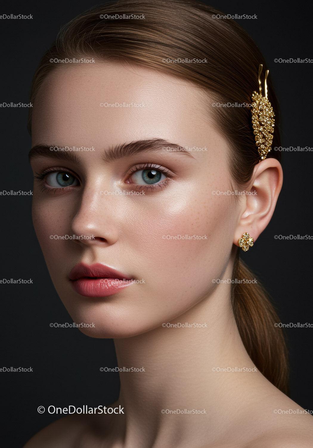 Elegant Woman Wearing Gold Jewelry with Flawless Skin and Blue Eyes