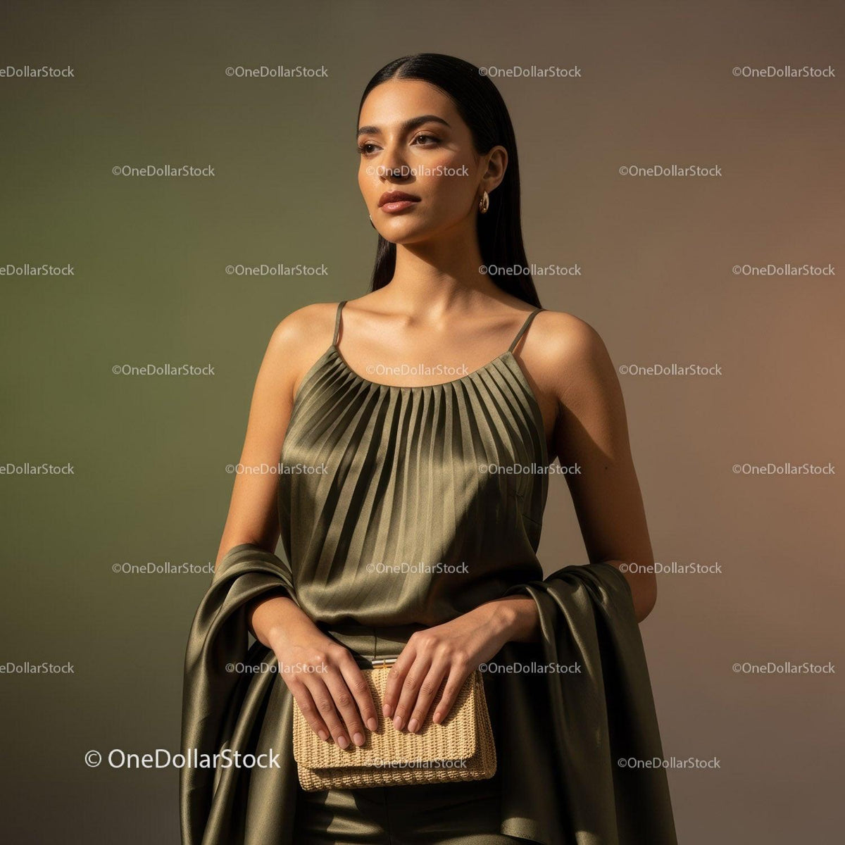 Elegant Woman in Sleek Dress Holding Woven Clutch in Outdoor Setting