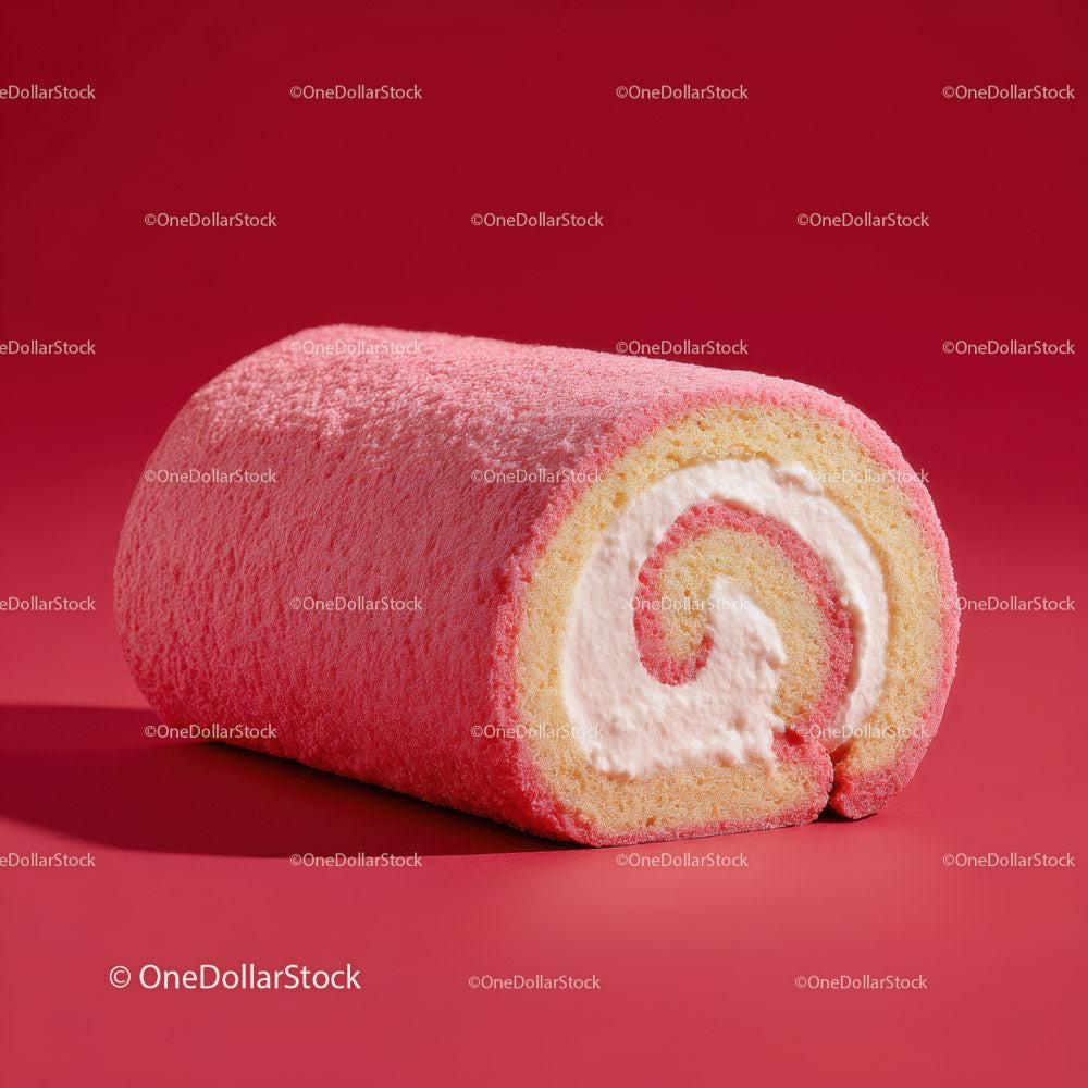 stock photo bundle made with Pink Velvet Cake Roll with Cream Filling in Bright Red Background Stock Photo Bundle