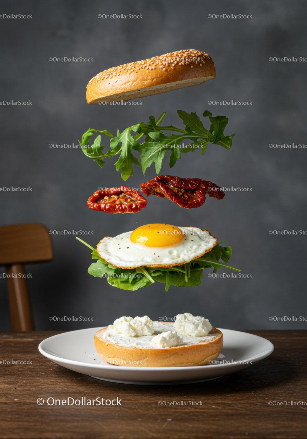 Deconstructed breakfast bagel with fried egg and greens