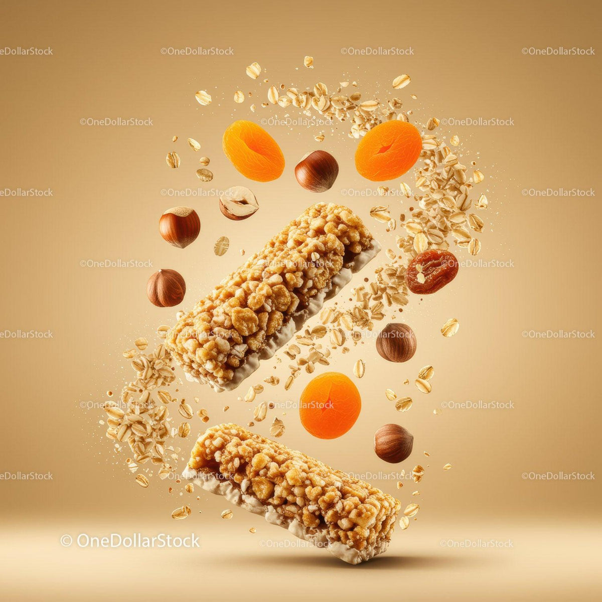 Healthy granola bars surrounded by nuts and dried fruit